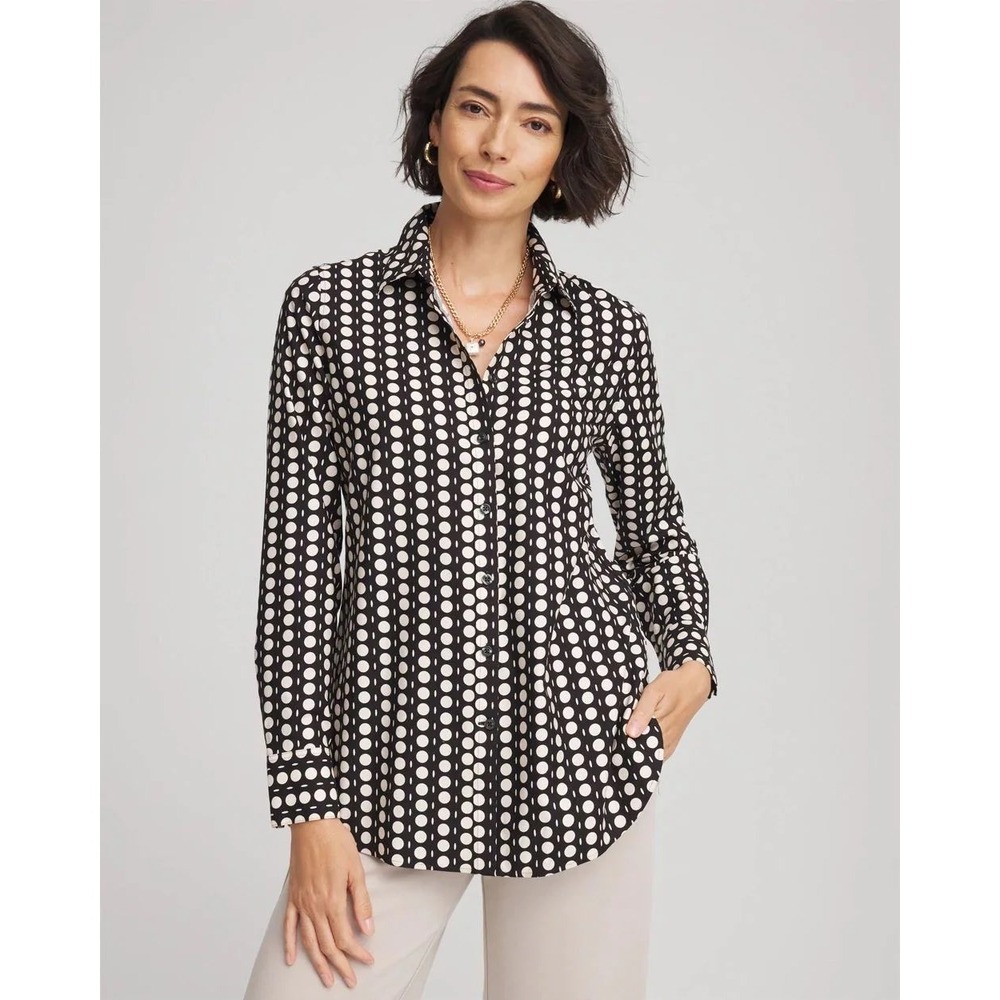 Chico's Black Cream Polka Dot Button Down Shirt 1.5 US 10 Medium Long Sleeve